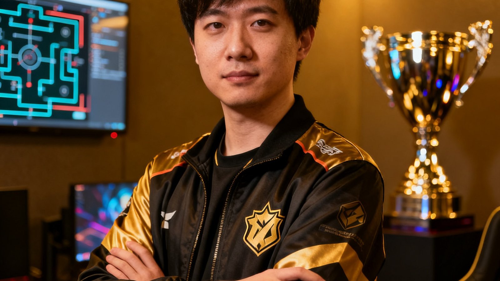 竞技宝战术顾问赵铭轩的肖像照，33岁左右的男性，穿着战队外套，站在训练室中，手臂交叉姿态，背景隐约可见电竞比赛奖杯，体现前职业选手的荣誉感。